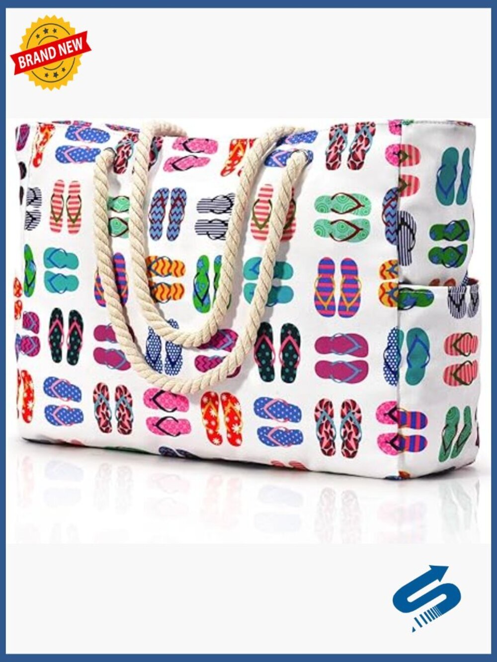 Large Waterproof Beach Tote Bag with Zipper Closure and Side Pockets
